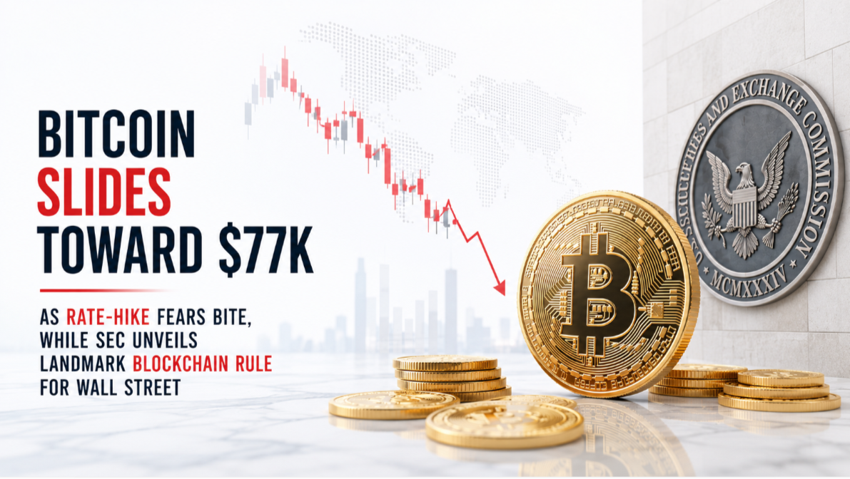 Bitcoin Slides Toward $77K as Rate-Hike Fears Bite, While SEC Unveils Landmark Blockchain Rule for Wall Street