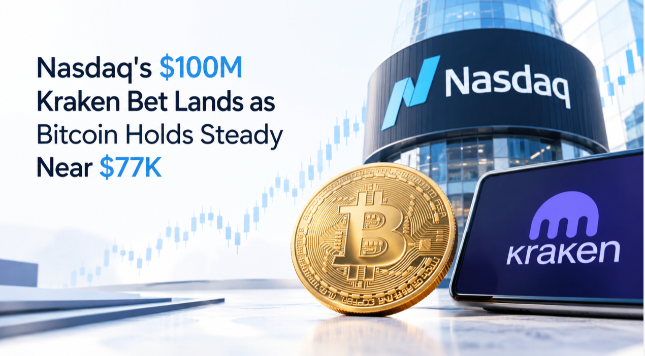 Nasdaq's $100M Kraken Bet Lands as Bitcoin Holds Steady Near $77K