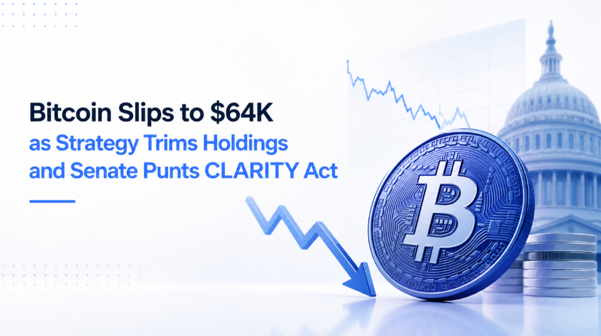 Bitcoin Slips to $64K as Strategy Trims Holdings and Senate Punts CLARITY Act