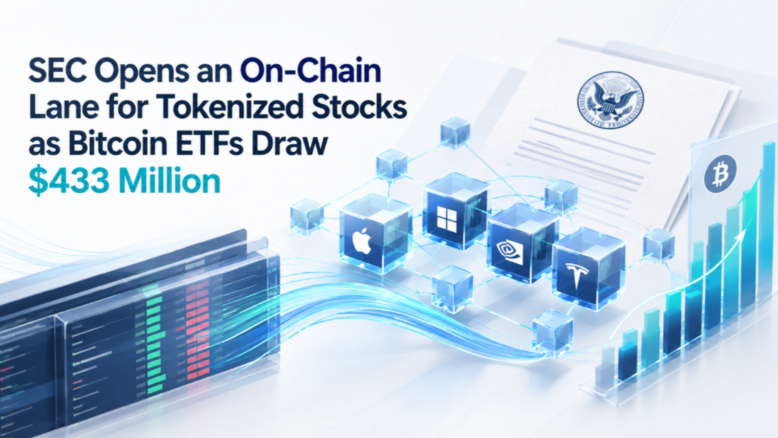 SEC Opens an On-Chain Lane for Tokenized Stocks as Bitcoin ETFs Draw $433 Million