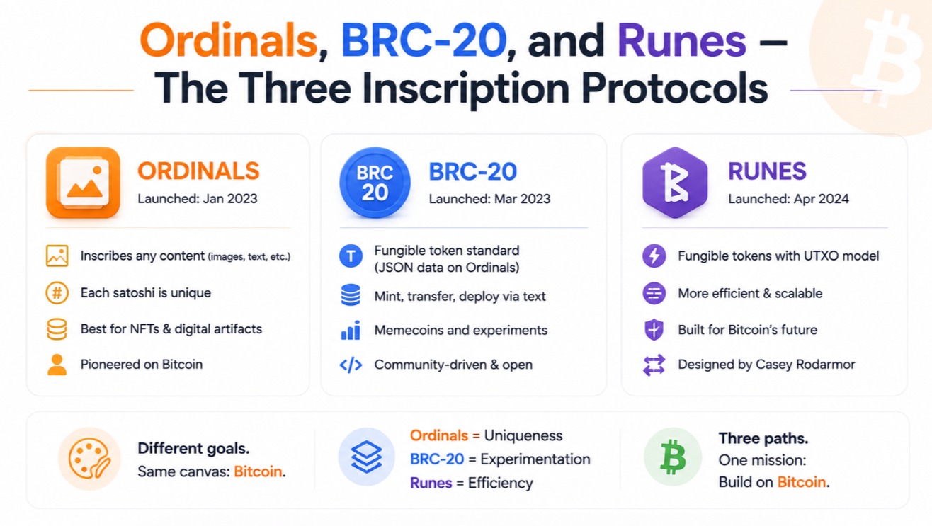 Ordinals, BRC-20, and Runes — The Three Inscription Protocols
