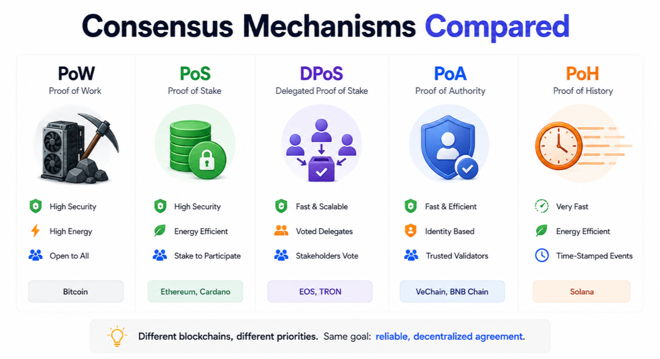 Consensus Mechanisms Compared — PoW, PoS, DPoS, PoA, PoH