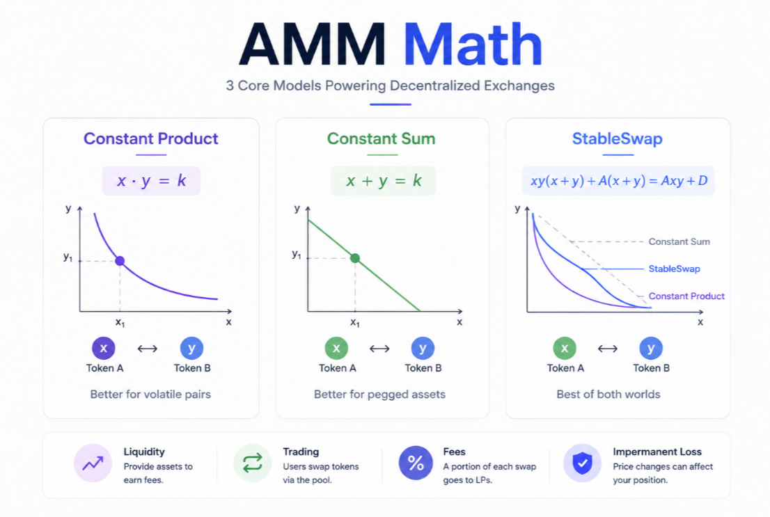 AMM Math — Constant Product, Constant Sum, StableSwap