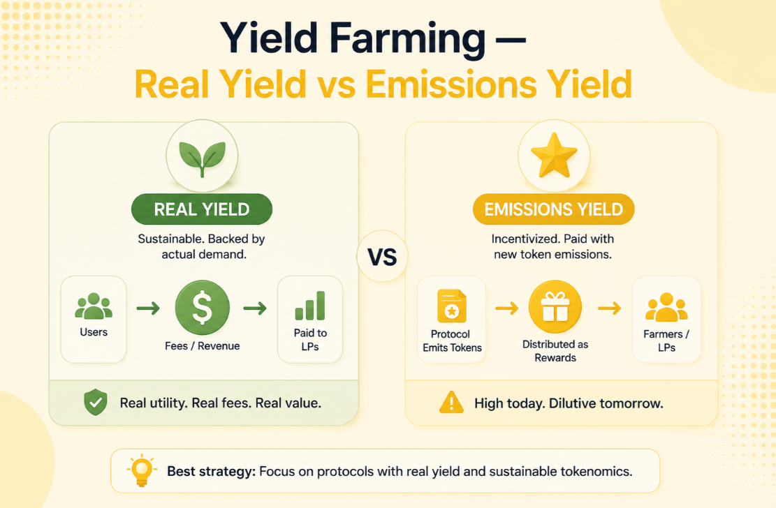 Yield Farming — Real Yield vs Emissions Yield