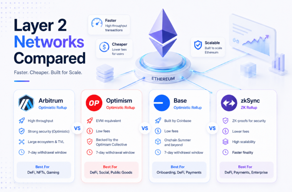 Layer 2 Networks Compared: Arbitrum, Optimism, Base, zkSync