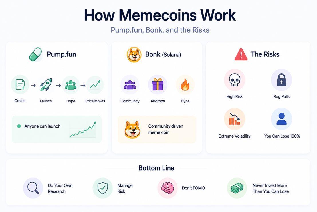 How Memecoins Work: Pump.fun, Bonk, and the Risks
