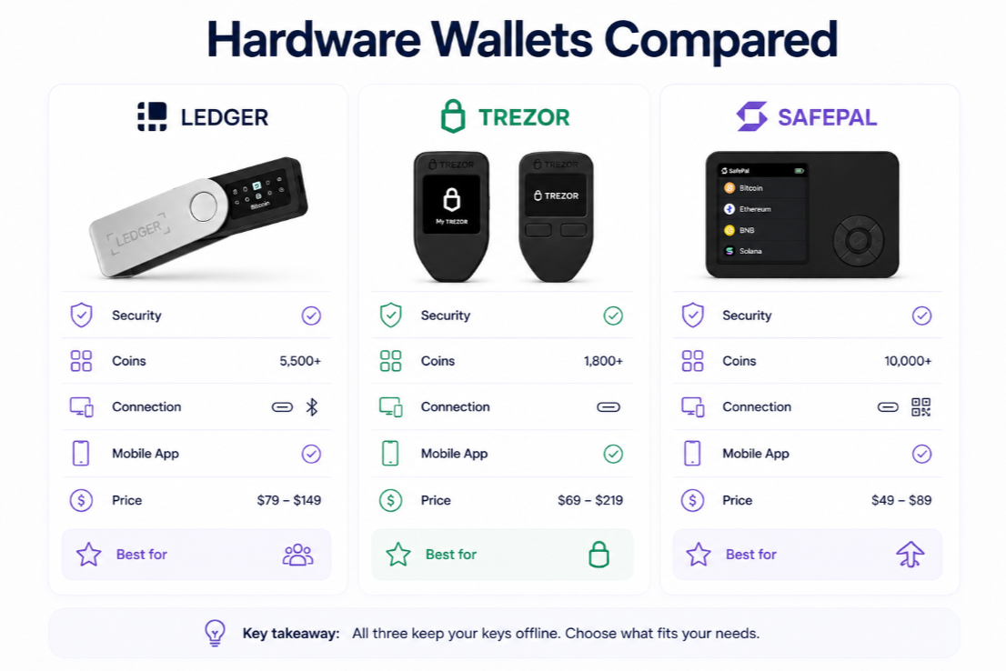 Hardware Wallets Compared: Ledger vs Trezor vs SafePal